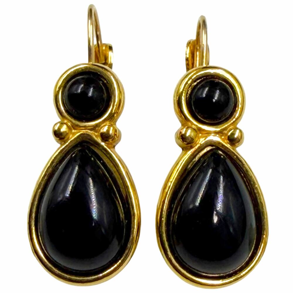 VTG Monet Gold Tone Black Onyx Glass Teardrop Leverback Earrings 1990s Goth Chic